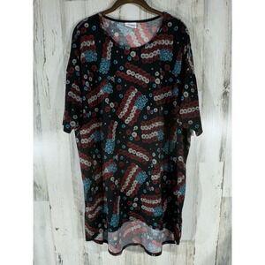 LuLaRoe‎ Irma Tunic XL Black Patriotic Floral Flag High Low Short Sleeve Shirt